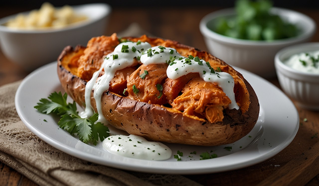 Buffalo Chicken Stuffed Sweet Potatoes