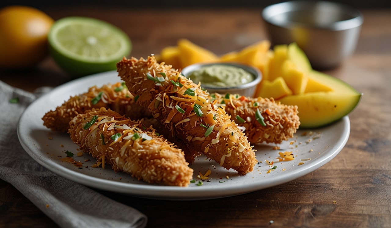 Crispy Coconut Chicken Tenders with Spicy Mango Dip