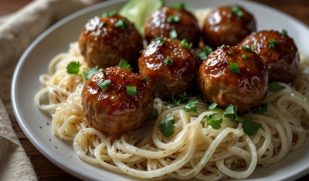 Garlic Butter Chicken Meatballs with Rice Noodles