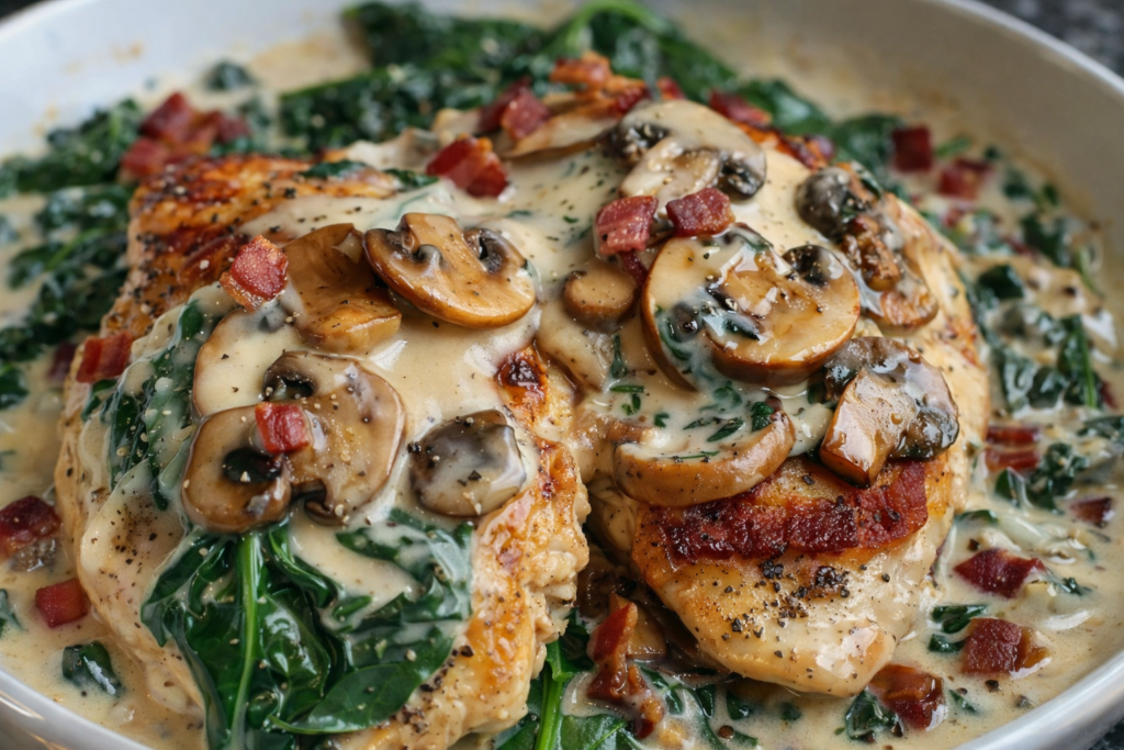 Creamy Chicken Spinach Bacon and Mushrooms